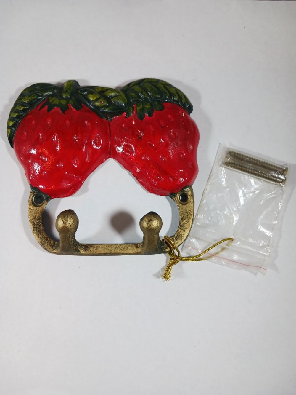 French Vintage Hand Painted Cast Iron Double Coat Hook Strawberry